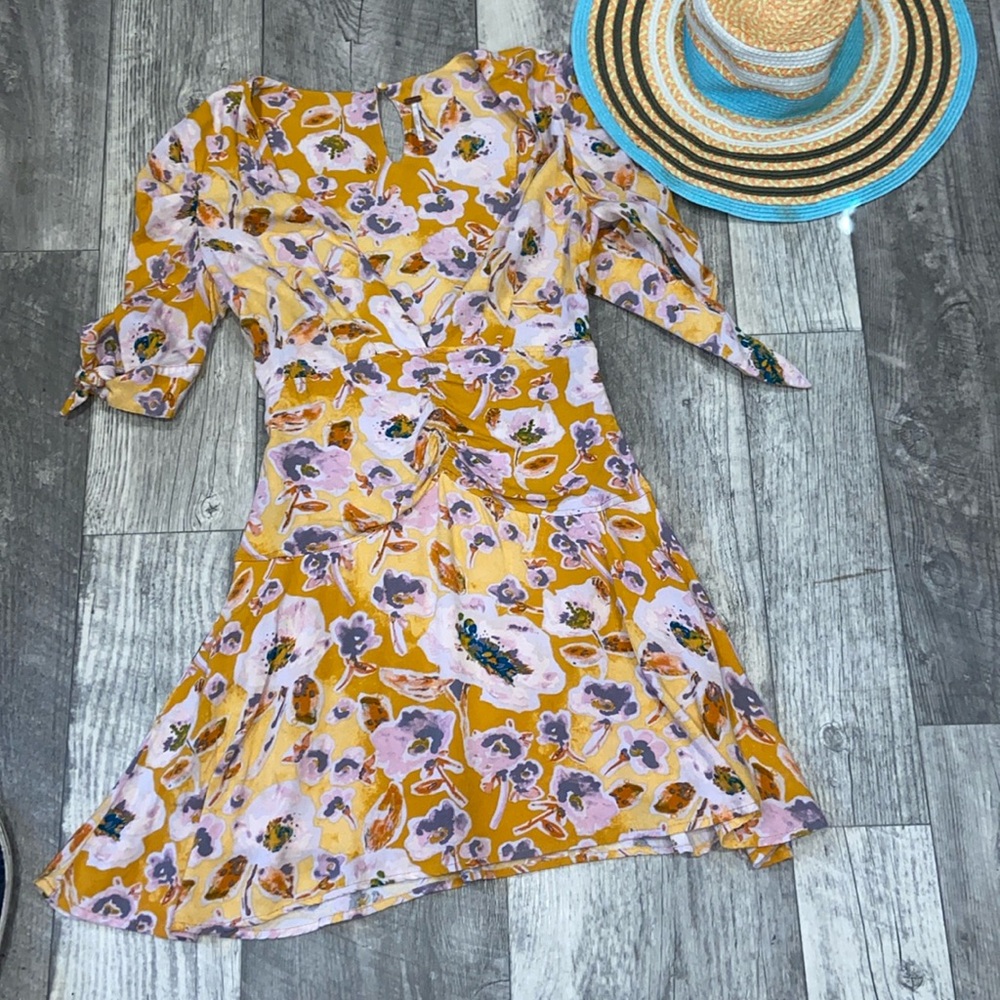 FP YELLOW FLORAL MINI DRESS Saffron, Teal & Pink Flowers